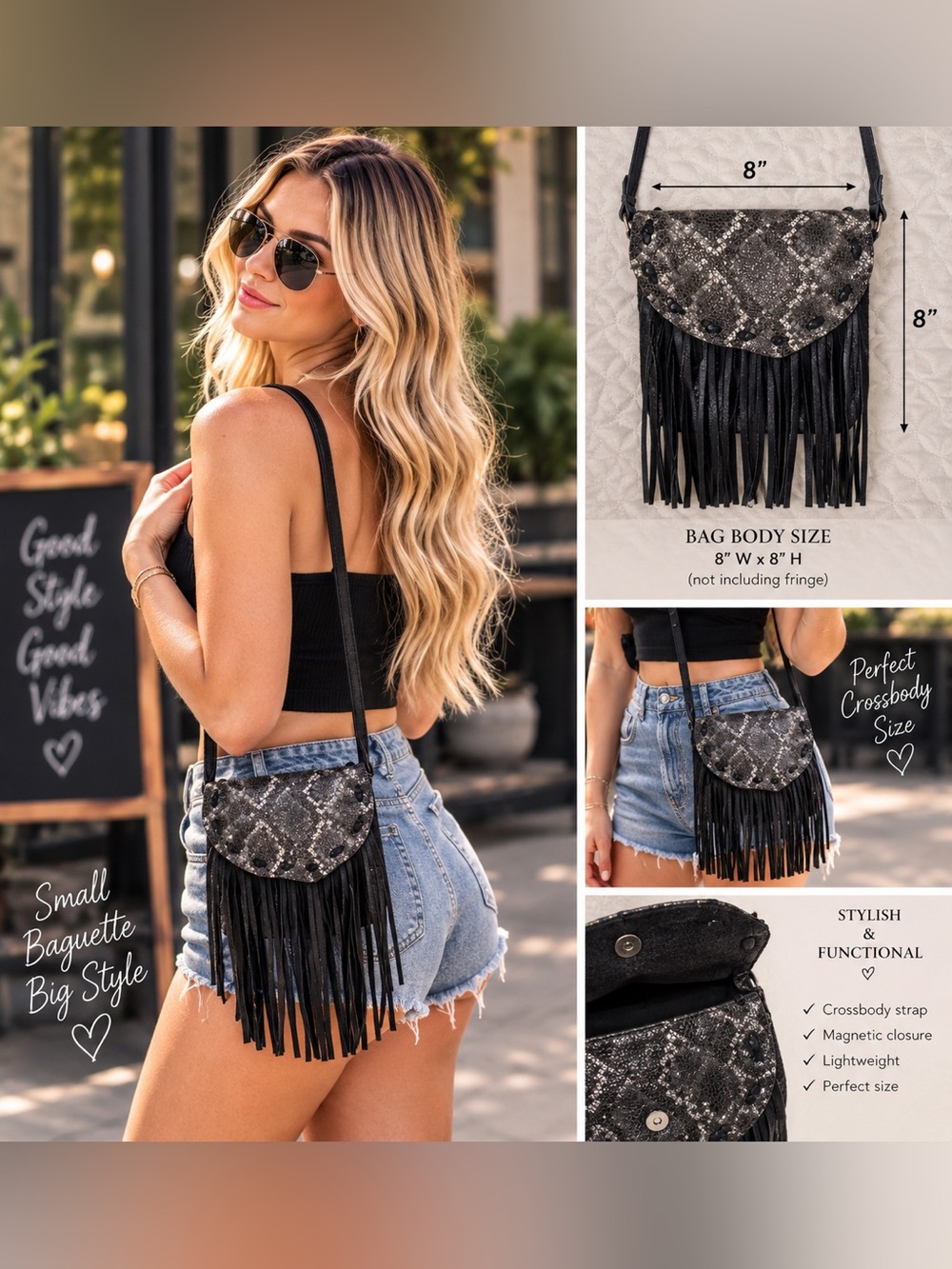 LeatherRock python crossbody bag, black silver animal print western L&R USA